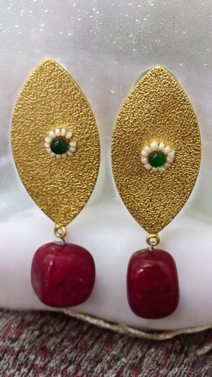 Golden Brass Maroon Earrings