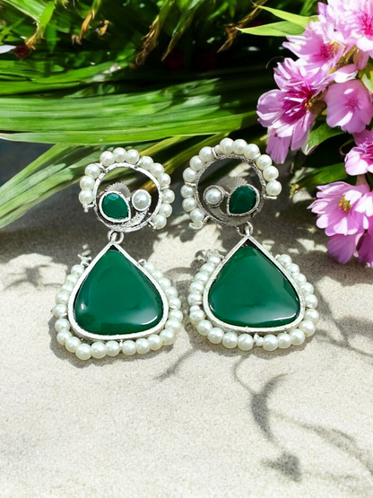 Green Stones Silver Earrings