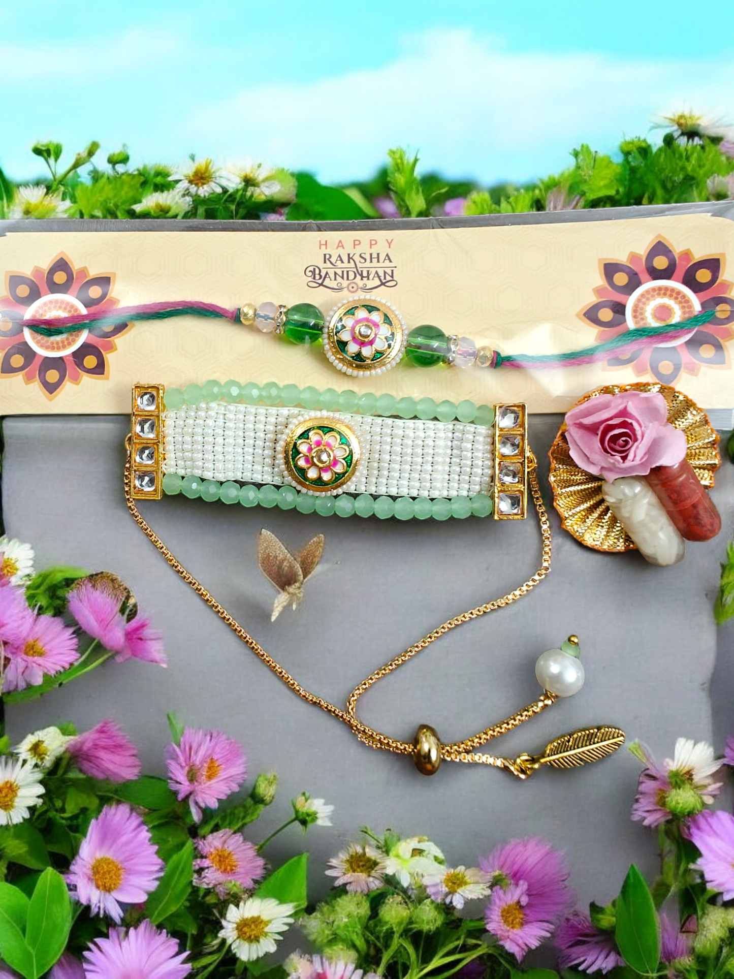 Meenakari Kundan Couple Rakhi