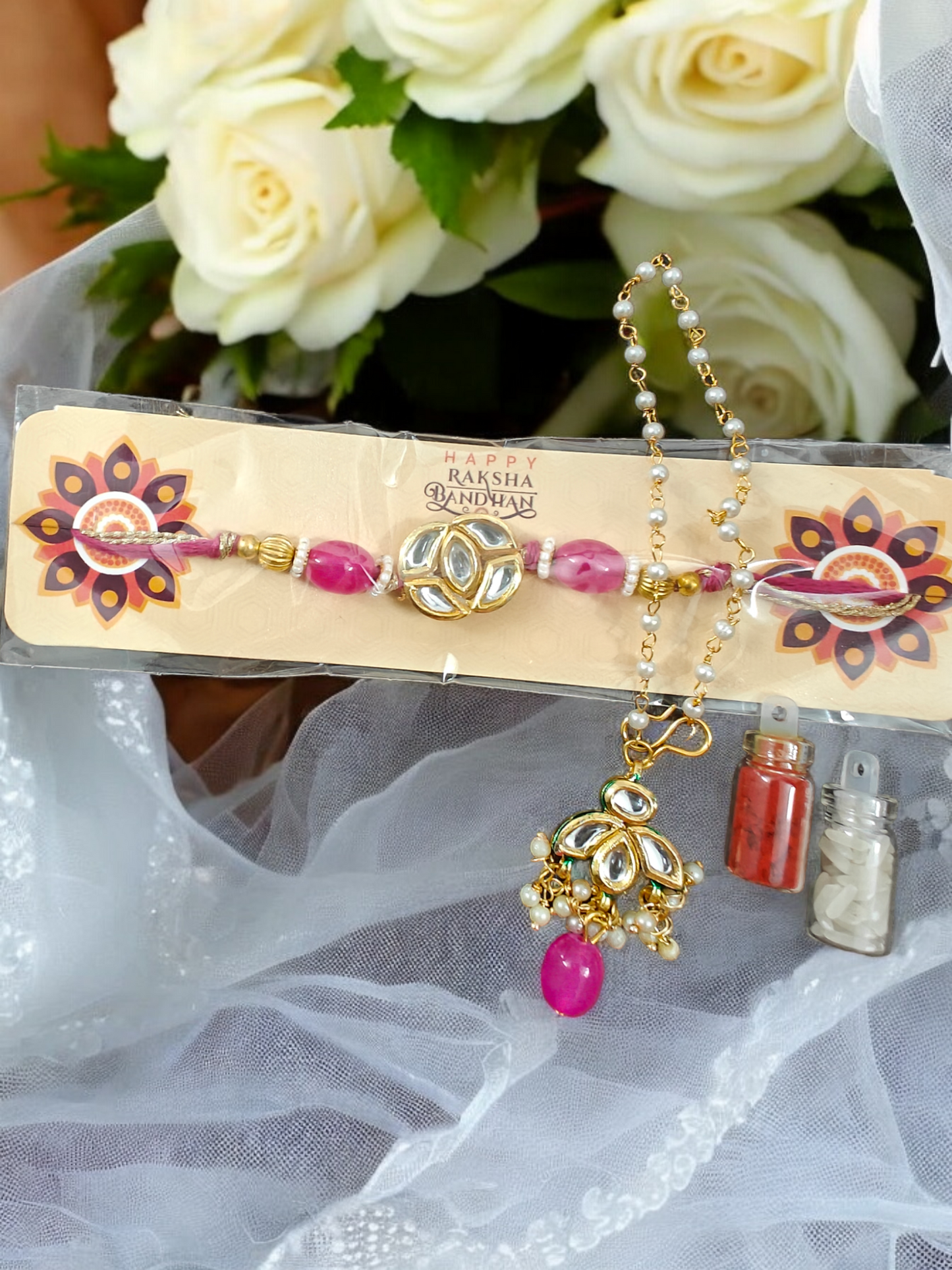 Pink Kundan Couple Rakhi