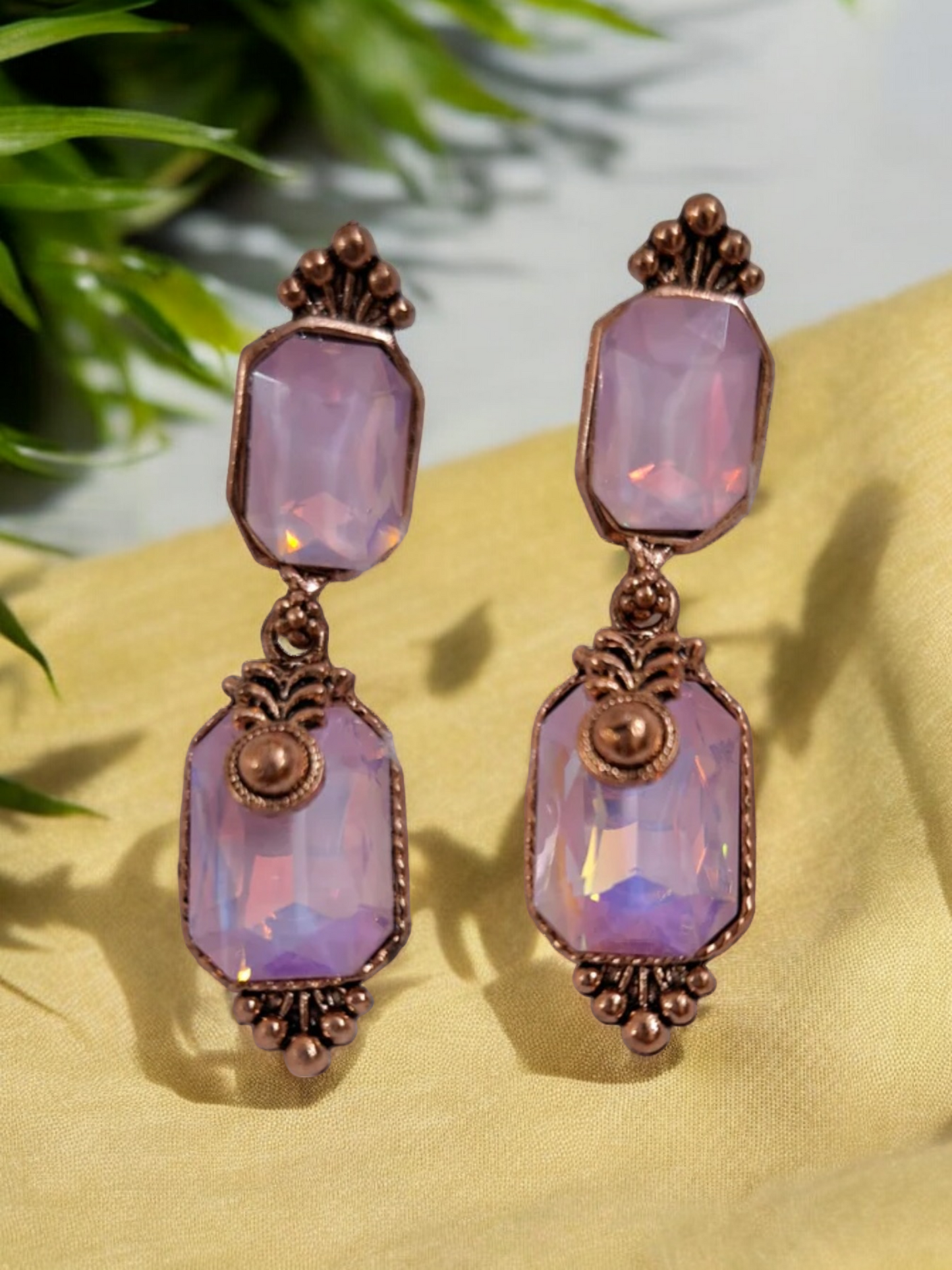 Pink crystal stone copper earrings