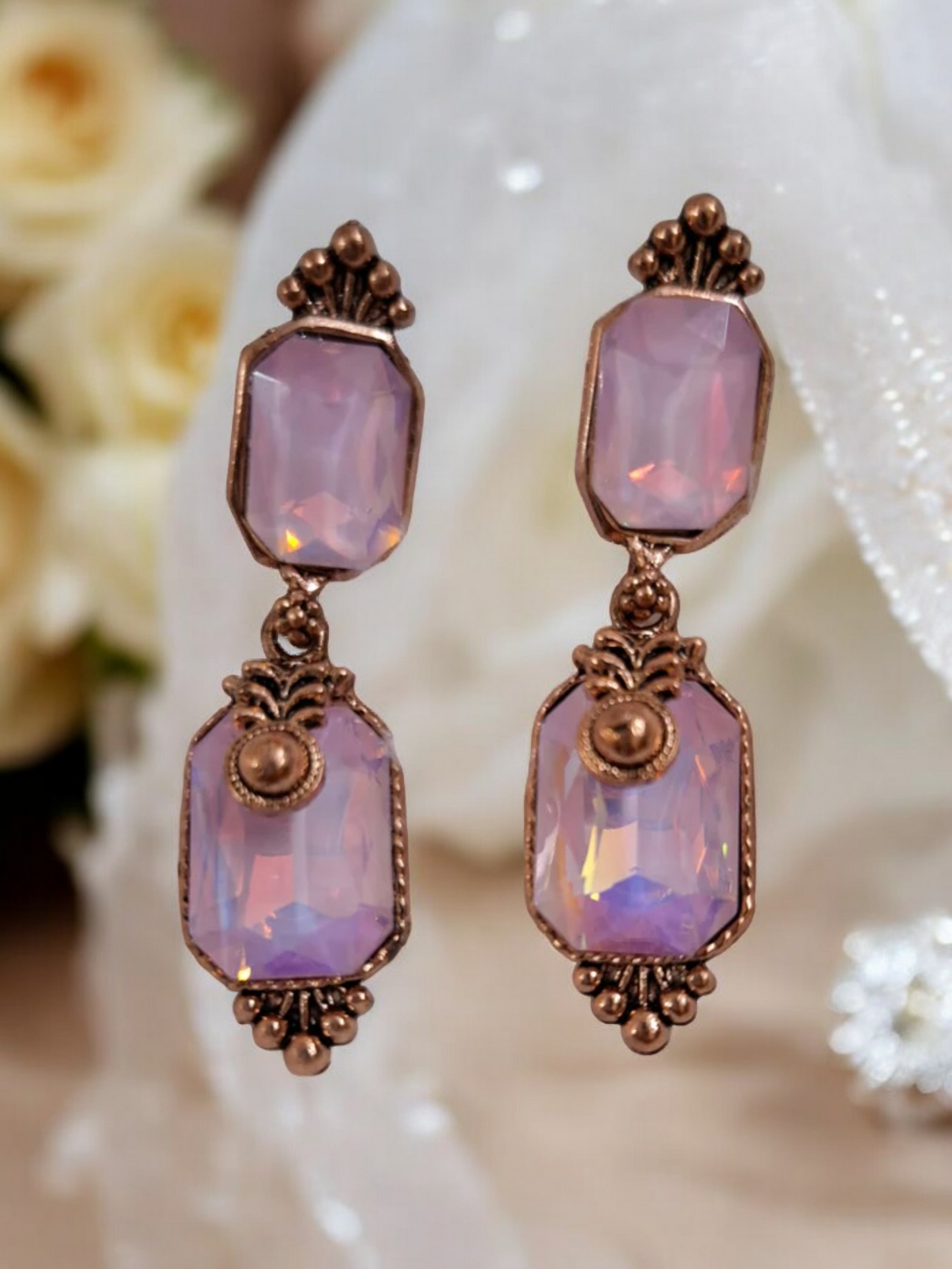 Pink crystal stone copper earrings