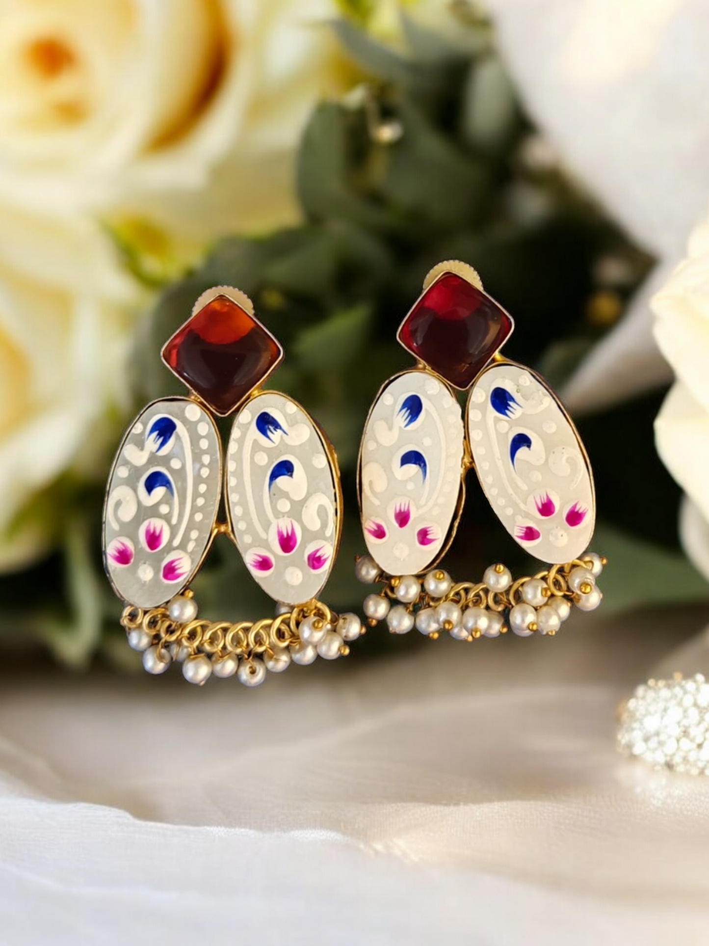 Hand-Painted White-Red Earrings